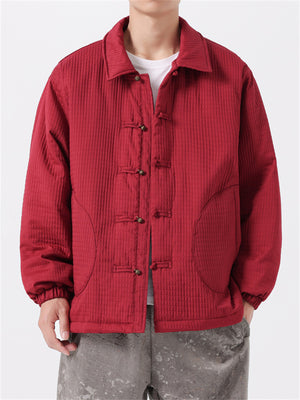 Male Lapel Metal Button Checkered Cotton Coat