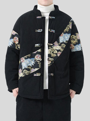 Male Popular Dragon Cloud Print Thickened Stitching Corduroy Coat