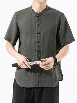 Men's Summer Plain Linen Stand Collar Button Up Shirt