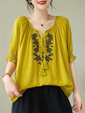 Casual Tassel Lace Up Dandelion Embroideried Shirt for Women