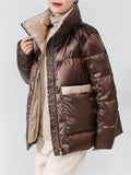 Women's Trendy Stand Collar Contrast Color Puffy Down Coat