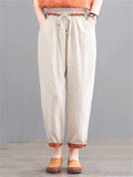 Comfortable Cotton Linen Drawstring Simple Tapered Pants for Women