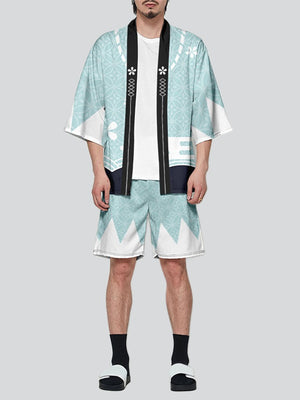 Japanese Sakura Print Summer Outfits Men's Cardigan Shirt + Casual Shorts