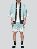 Japanese Sakura Print Summer Outfits Men's Cardigan Shirt + Casual Shorts