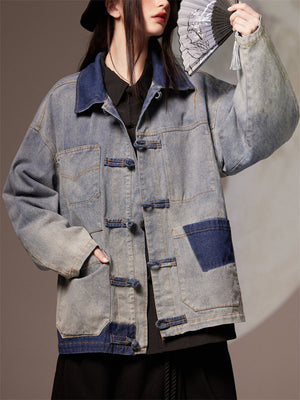 Women's Retro Patchwork Chinese Style Denim Chore Jacket