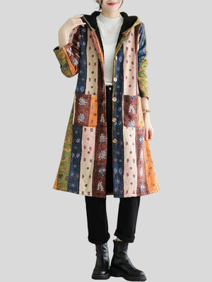 Women's Colorful Print Thickened Ethnic Mid Length Hooded Coat