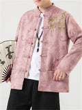 Men's Bamboo Leaf Embroidery Dragon Print Faux Suede Retro Jacket