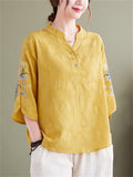 Women's Leisure Flower Embroidery Half Sleeve Loose Shirt