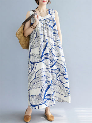 Leaves Print Reversible Sleeveless Dresses for Women