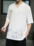 Men's Casual Cozy Smooth Leaf Embroidery Short Sleeve Shirt