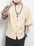 Men's Dragon Embroidery Short Sleeve Cozy Linen Shirt