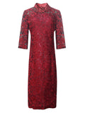 Women's Elegant Flower Embroidery Red Lace Qipao Dress