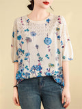 Female Blue Floral Print Crew Neck Short Sleeve Knit Shirt