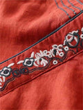 Female Ethnic Style V Neck Embroideried Side Lace Up Cotton Shirt