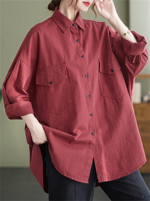 Oversized Button Up Back Patch Cargo Shirts for Women