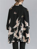 Women's Crane Floral Printing 3/4 Sleeve Oversized Shirts