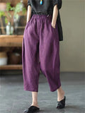 Cotton Linen Elastic Waist Solid Patchwork Women's Pants