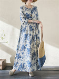 Spring Blue Floral Vacation Long Dress for Women