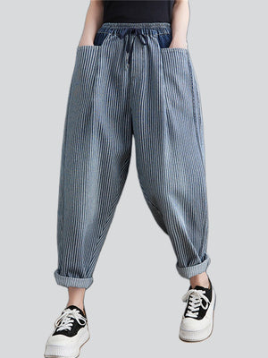 Spring Summer Women's Vertical Striped Drawstring Jeans