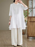 Female Leisure Cotton Linen 3/4 Sleeve Mid-Length Shirt