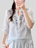 Female Summer V Neck Embroidered Breathable Shirts