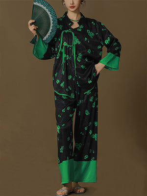 Retro Swallow Flower Print Tassel Button Women's Pajama Sets