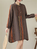 Female Ethnic Print Round Neck Long Sleeve Linen Shirt