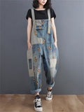 Lovely Cartoon Mouse Print Blue Denim Jumpsuit for Women