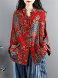 Women's Chinese Northeast Big Flower Print Knot Button Red Shirt