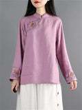 Ancient Chinese Style Floral Embroidery Linen Shirt for Women