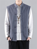 Men's Stand Collar Knot Button Patch Pocket Plain Linen Vest