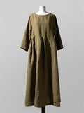 Oversized Round Neck Cotton Linen Pleated Dress for Lady