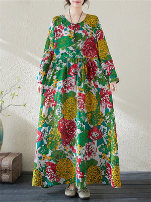 Female Holiday Round Neck Flowers Maxi Dresses