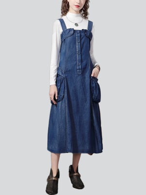 Women's Stylish Blue Denim A-Line Dungaree Dress