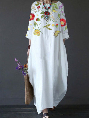 Women's Crew Neck 3/4 Sleeve Ethnic Floral Print Flowy Dress