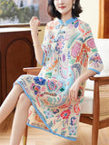 Women's Vintage Print Stand Collar Half Sleeve Elegant Qipao