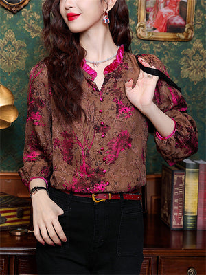 Rose Red Stand Collar Lantern Sleeve Retro Chiffon Shirt for Female