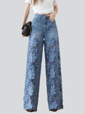 Women's Lace Flower Splicing High Waist Straight-Leg Jeans