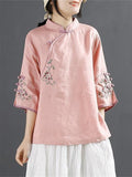 Chinese Ancient Style Floral Embroidery Knot Button Shirt for Women