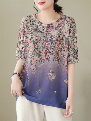 Women's Summer Round Neck Flower Short Sleeve Knit Shirt