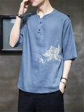 Lotus Flower Dragonfly Embroidered Men's Half Sleeve Shirts