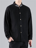 Men's Casual Embroidery Stand Collar Linen Long Sleeve Shirt