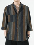 Men's Leisure Stripe Contrast Color Stand Collar Half Sleeve Shirt