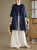 Female Leisure Cotton Linen 3/4 Sleeve Mid-Length Shirt