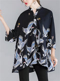 Women's Crane Floral Printing 3/4 Sleeve Oversized Shirts