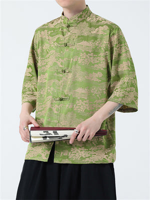 Male Chinese Style Pavilion Jacquard Smooth Button Up Shirts