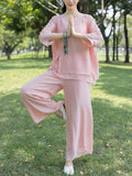 Female Solid Color Yoga Mditation Tai Chi Shirt Pants Set