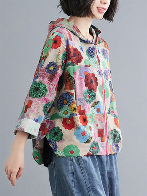 Women's Cute Floral Printed Zip Up Hooded Short Jackets