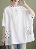 Ladies Round Neck Polka Dots Splicing Shirt with Pockets