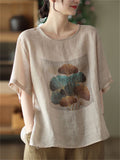 Women's Ginkgo Leaf Printed Round Collar Short Sleeve Shirt